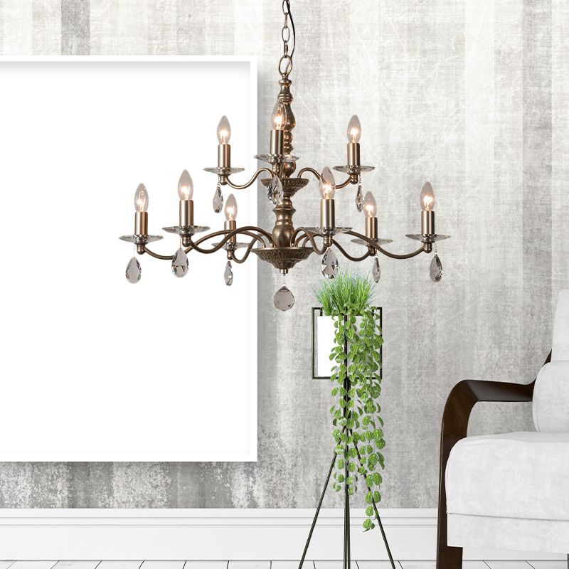 9/12/15 Lights Ceiling Light Country Candle Metal Hanging Chandelier in Champagne for Dining Room with Crystal Drop
