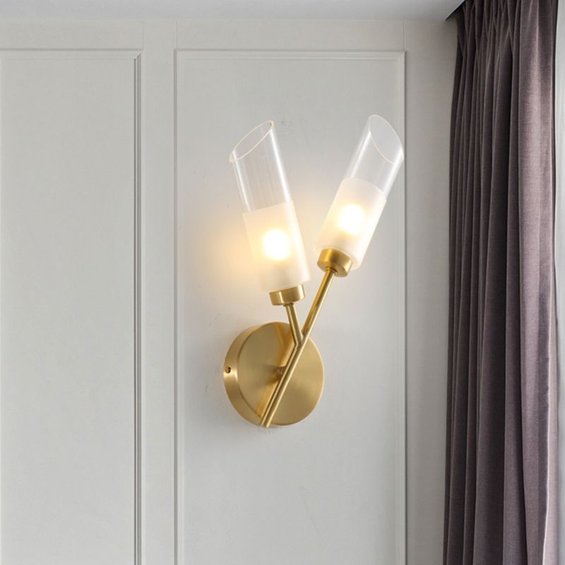 Beveled Tube Wall Light Sconce Post Modern Clear Glass 2-Light Brass Wall Lamp Fixture