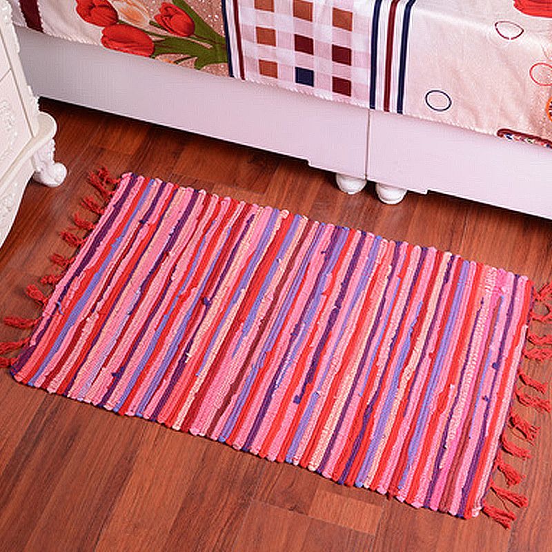 Multicolor Bedroom Rug Modern Striped Pattern Rug Cotton Anti-Slip Backing Washable Area Rug