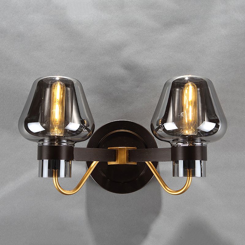 2-Bulb Wall Light with Mushroom Shade Smoked Glass Modern Bedroom Sconce Lighting Fixture