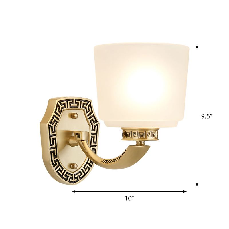 Cylinder Sitting Room Sconce Light Retro Style Opal Glass Single Head Brass Wall Mounted Lamp