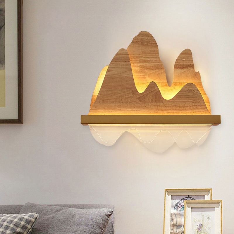 Asian Mountain Wooden Mural Light Fixture LED Wall Mount Lighting in Beige for Sitting Room