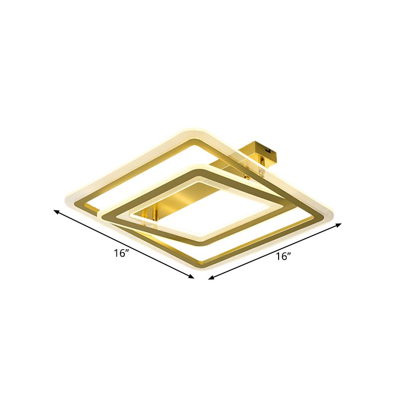 16"/19.5" W Square Frame Flush Mount Lamp Simplicity Metal LED Bedroom Semi Flush Light Fixture in Gold