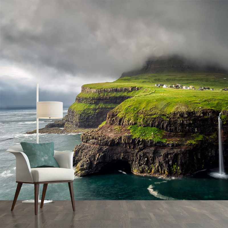 Scandinavian Scenery Wallpaper Mural Grey Sky with Meadow Seashore Wall Covering