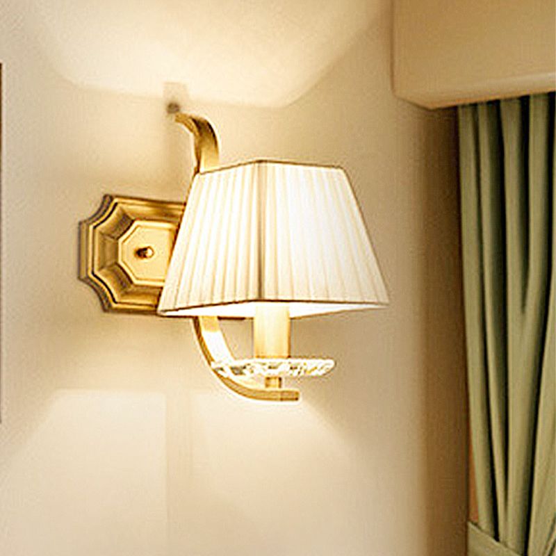 Trapezoid Fabric Shade Sconce Light Vintage 1/2-Head Bedroom Wall Mount Lamp in Gold