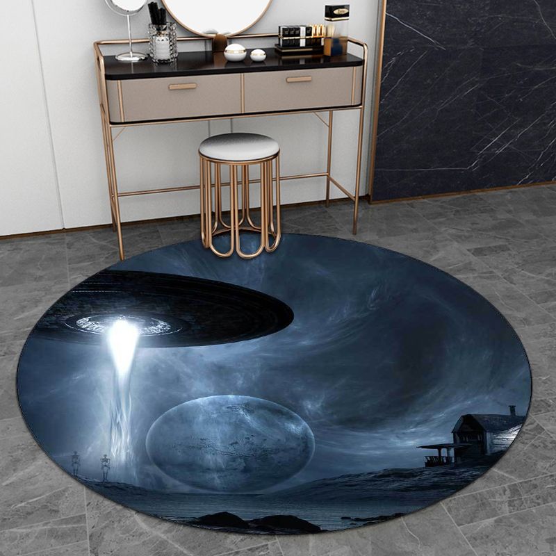 Blue Bedroom Rug Modern Outer Space Spaceship Pattern Area Rug Polyester Machine Washable Carpet