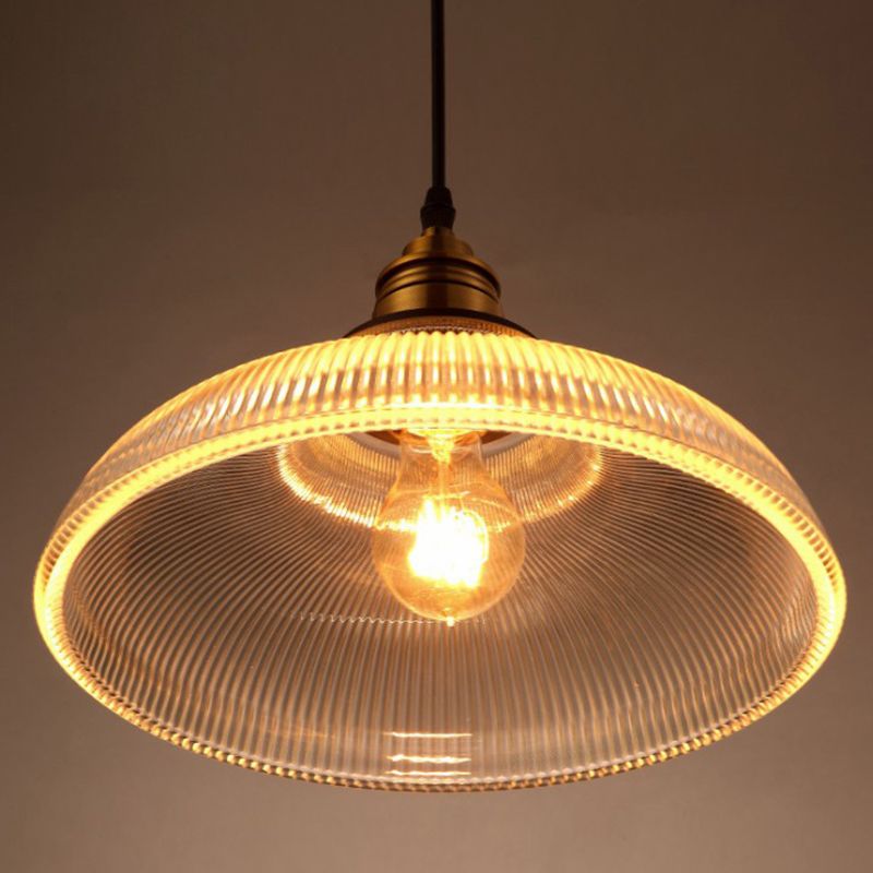 Bowl Shaped Cafe Pendant Lighting Retro Clear Striped Glass Single Brass Hanging Lamp