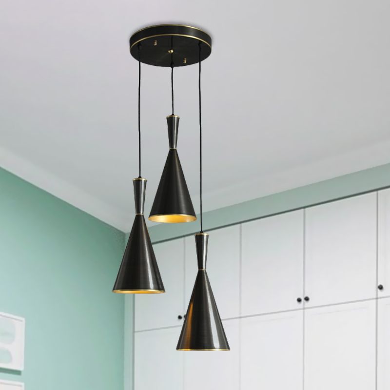 Black/Gold Finish Cluster Horn Pendant Antiqued Metal 3 Lights Kitchen Hanging Lamp with Round/Linear Canopy
