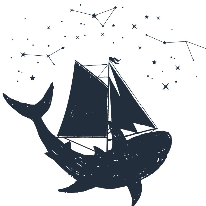 Huge Sailing Whale Mural Wallpaper Modern Fantasy Constellation Wall Decor in Black-White