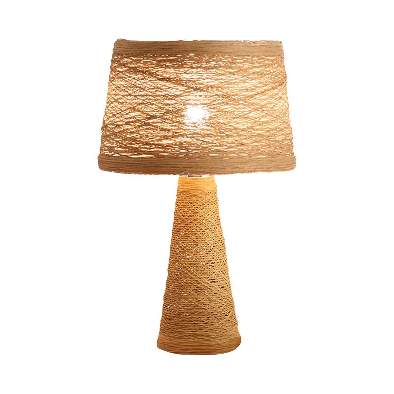 1 Bulb Study Room Desk Light Asian Style White/Tan Reading Book Lamp with Rattan Shade