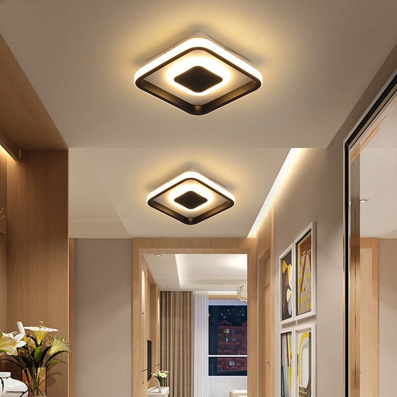 Black Round/Square Frame Mini Ceiling Lamp Minimal LED Metallic Flush Lighting in Warm/White/3 Color Light