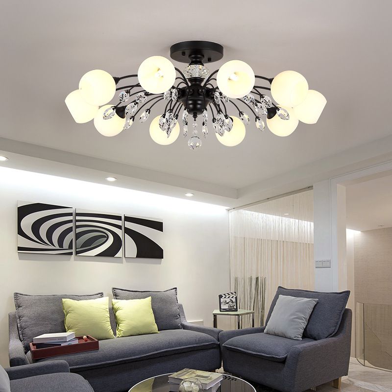 Traditional Round Semi Mount Lighting Glass Ceiling Lighting in Black