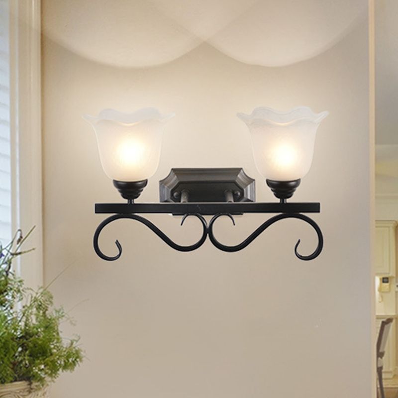 Frosted Glass Black Sconce Light Blossom Single Head Cottage Wall Lighting Idea for Guest Room
