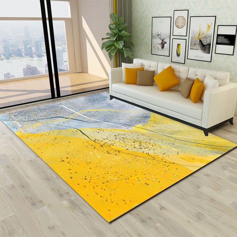Contemporary Abstract Colorblock Rug Grey and Yellow Polyester Rug Washable Non-Slip Backing Area Rug for Living Room
