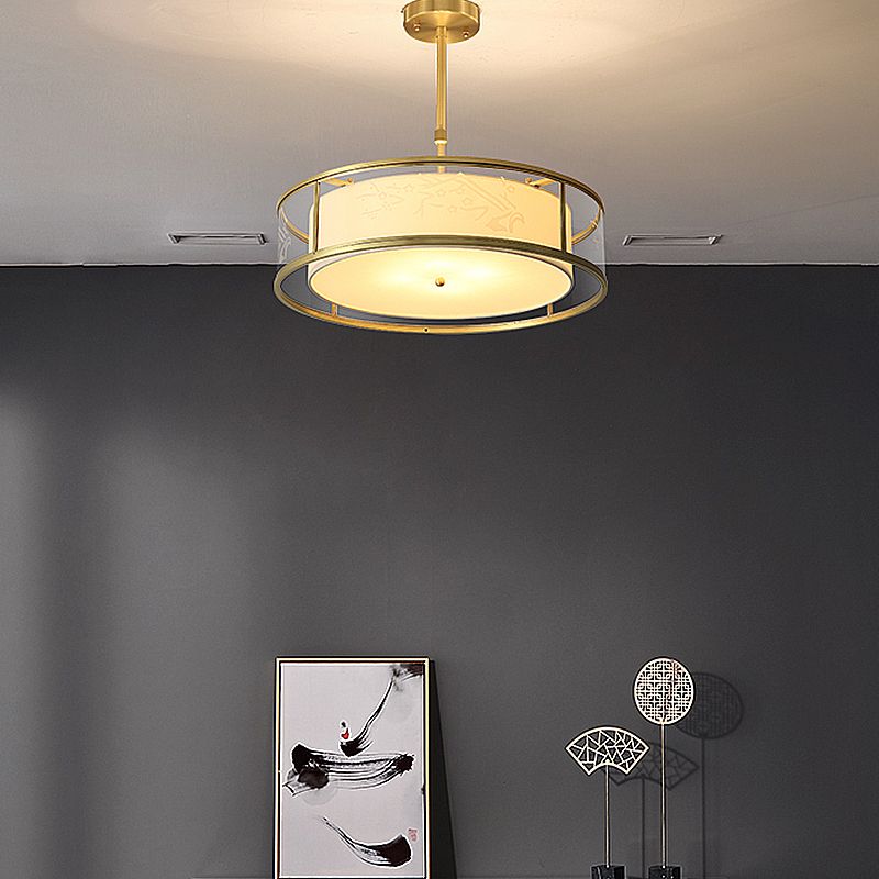 4-Light Modern Shaded Drum Chandelier Glass Ceiling Light with Textile Accent