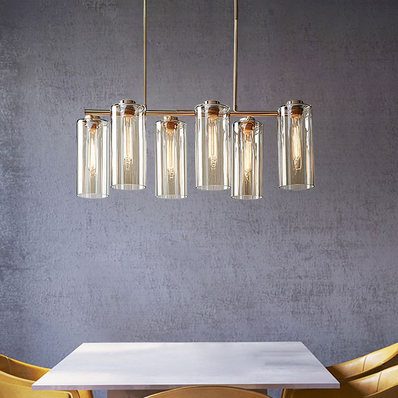 6 Bulbs Dining Room Island Light Modern Champagne Pendant Lighting Fixture with Cylindrical Cognac Glass Shade