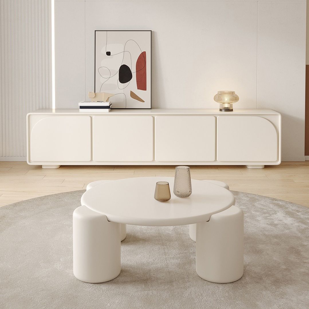 Contemporary Round Wood Cocktail Table White 4 Legs Coffee Table - 13.8" H