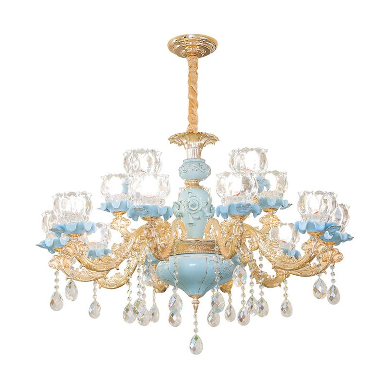 Flower Ribbed Glass Chandelier Lighting Classic Living Room Pendant Light with Crystal Draping in Blue