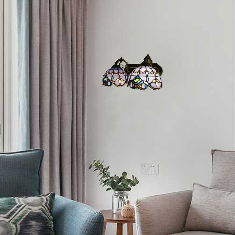 2 Heads Dome Sconce Lighting Baroque Purple Stained Glass Wall Mounted Light for Living Room