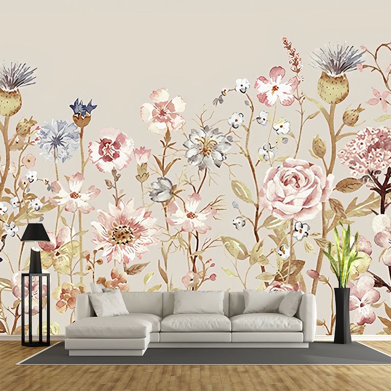 Watercolour Flower Wall Murals Orange Countryside Wall Art for Bedroom, Non-Woven Material