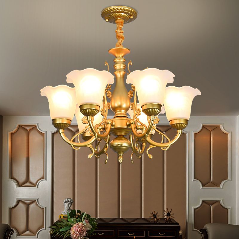 Flower Chandelier Lighting Fixtures Traditional Multi-Head Suspension Light with White Glass Shade