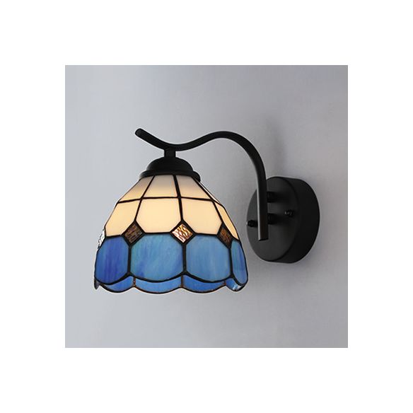 Mediterranean Dome Wall Lighting with Curved Arm Stained Glass 1 Light Sconce Light in White/Clear