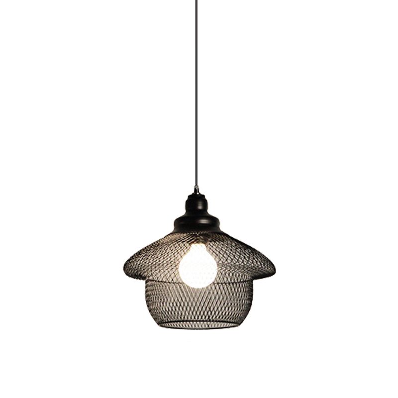 1-Light Dome/Bell/Oval Mesh Drop Pendant Loft Style Black Iron Ceiling Suspension Lamp for Dining Room