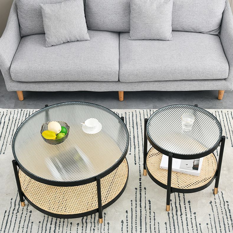 Modern Clear Glass Coffee Table with Storage Round 4 Legs Cocktail Table Set