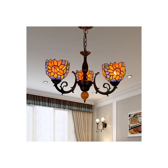 Colorful Bowl Chandelier Light with Flower/Rose/Sunflower/Yellow Flower Pattern Retro Style Stained Glass 3 Bulbs Inverted Chandelier in Brass