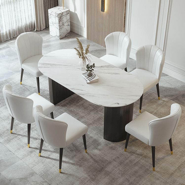 Mesa de comedor ovalada moderna mesa de comedor de piedra sinterizada blanca con base de pedestal doble para el hogar