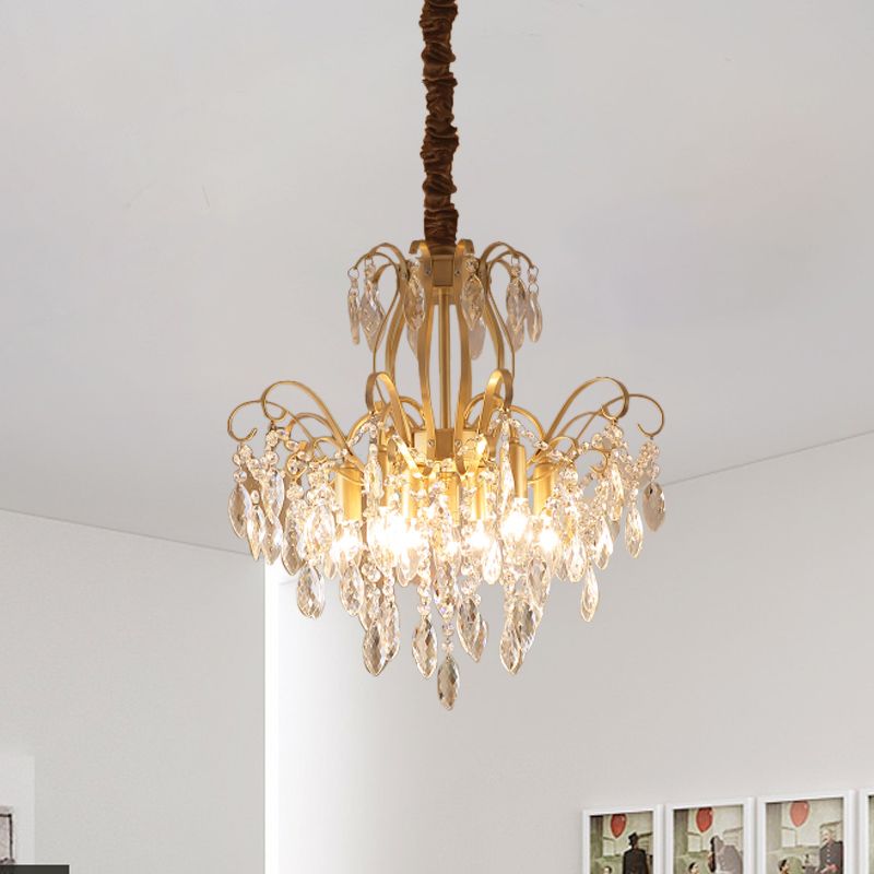 Faceted Crystal Waterfall Pendant Traditionalism 7-Bulb Living Room Hanging Chandelier in Gold