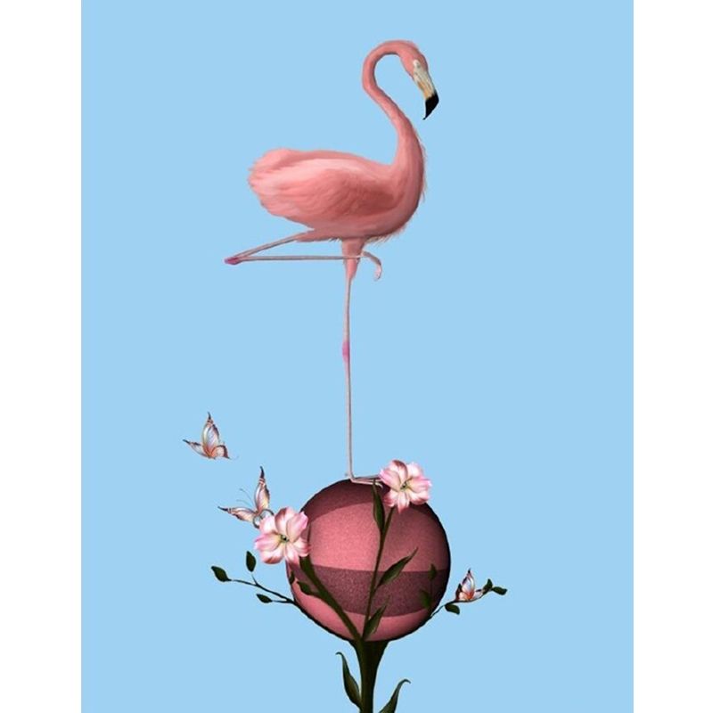 Full Size Modern Wall Mural Decal Pink-Blue Flamingo Stand on Flower Ball Wall Covering, Custom Size