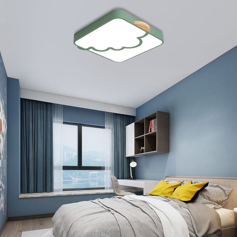 Plafonnier carré moderniste en acrylique gris/blanc/vert LED pour chambre à coucher avec motif nuage