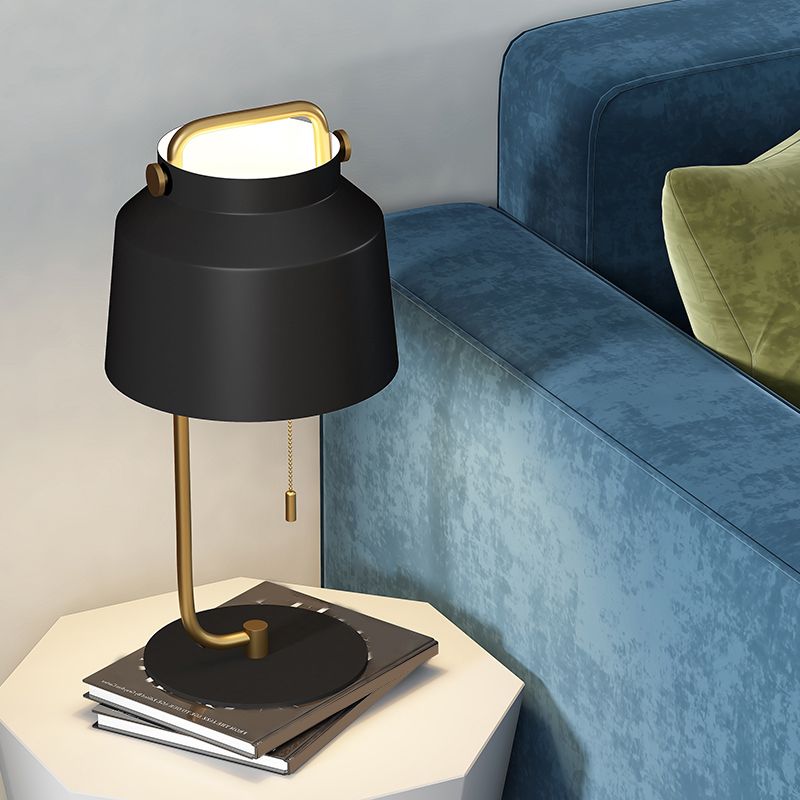 Tapered Drum Table Lamp Contemporary Metal 1 Bulb Bedroom Night Lighting in Black with Pull Chain