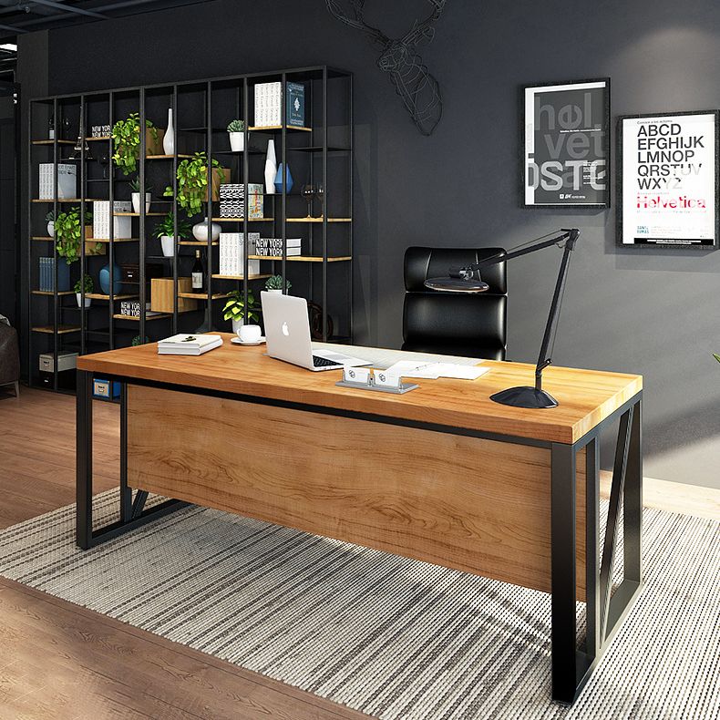 Industrial Pine Wood Dining Table Rectangle Table with Metal Trestle Base