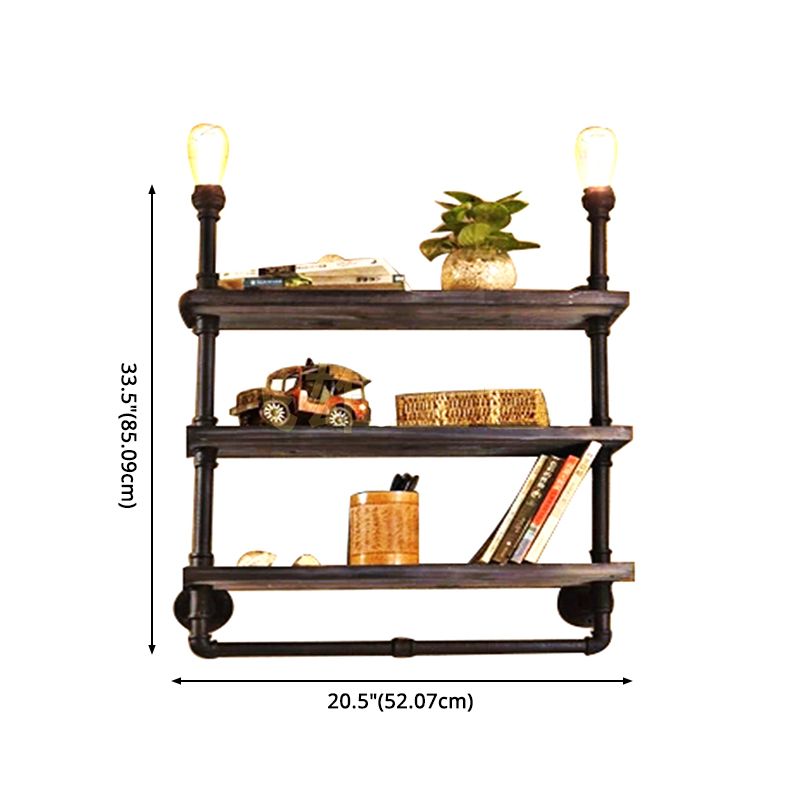 Industrielle Rohrleitungswand montierte Beleuchtung Metallic Wandleuchten in Schwarz mit Holzregal