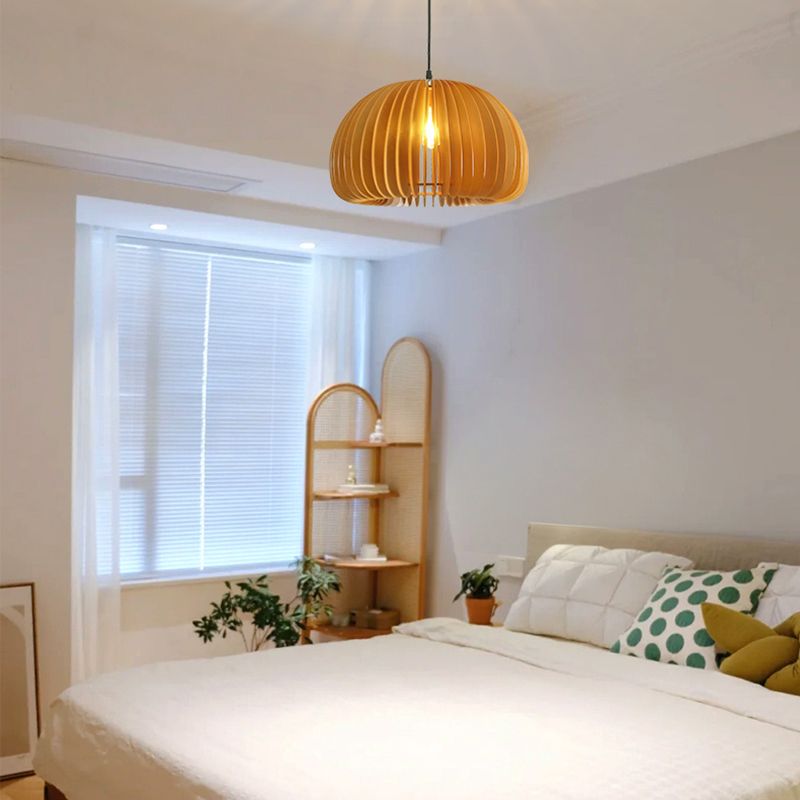 Japanese Style Pumpkin Hanging Light Wood Single-bulb Pendant for Dinning Room