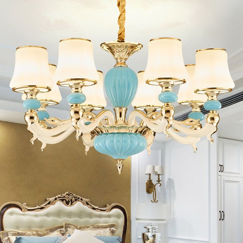 Modern Suspension Lamp Light Blue Tapered Ceramics Chandelier Lighting Fixture with Opal Glass Shade