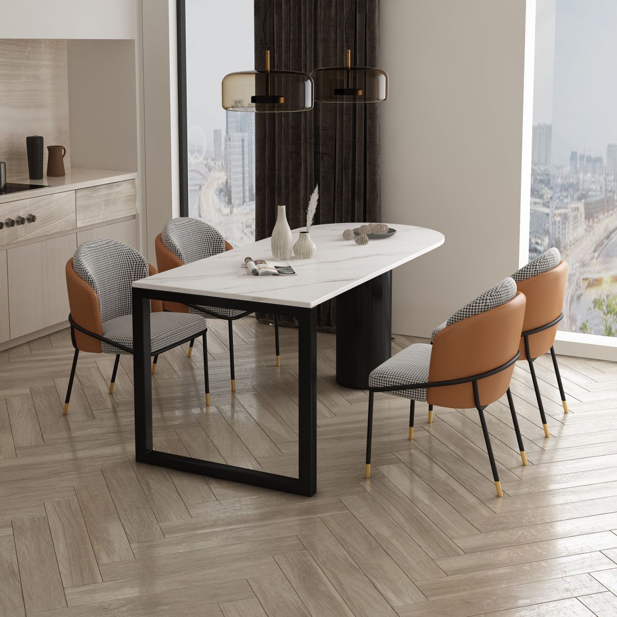 Modern Style Dining Table White Home Use Dining Table with Double Pedestal Base
