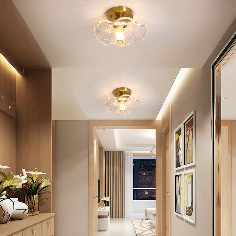 Small Foyer Ceiling Mounted Lamp Textured Glass 1-Bulb Minimalist Semi Flush Light in Brass