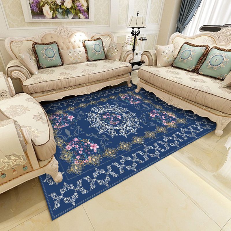 Navy Traditional Area Rug Antique Pattern Polyester Carpet Stain Resistant Rug for Home Decor
