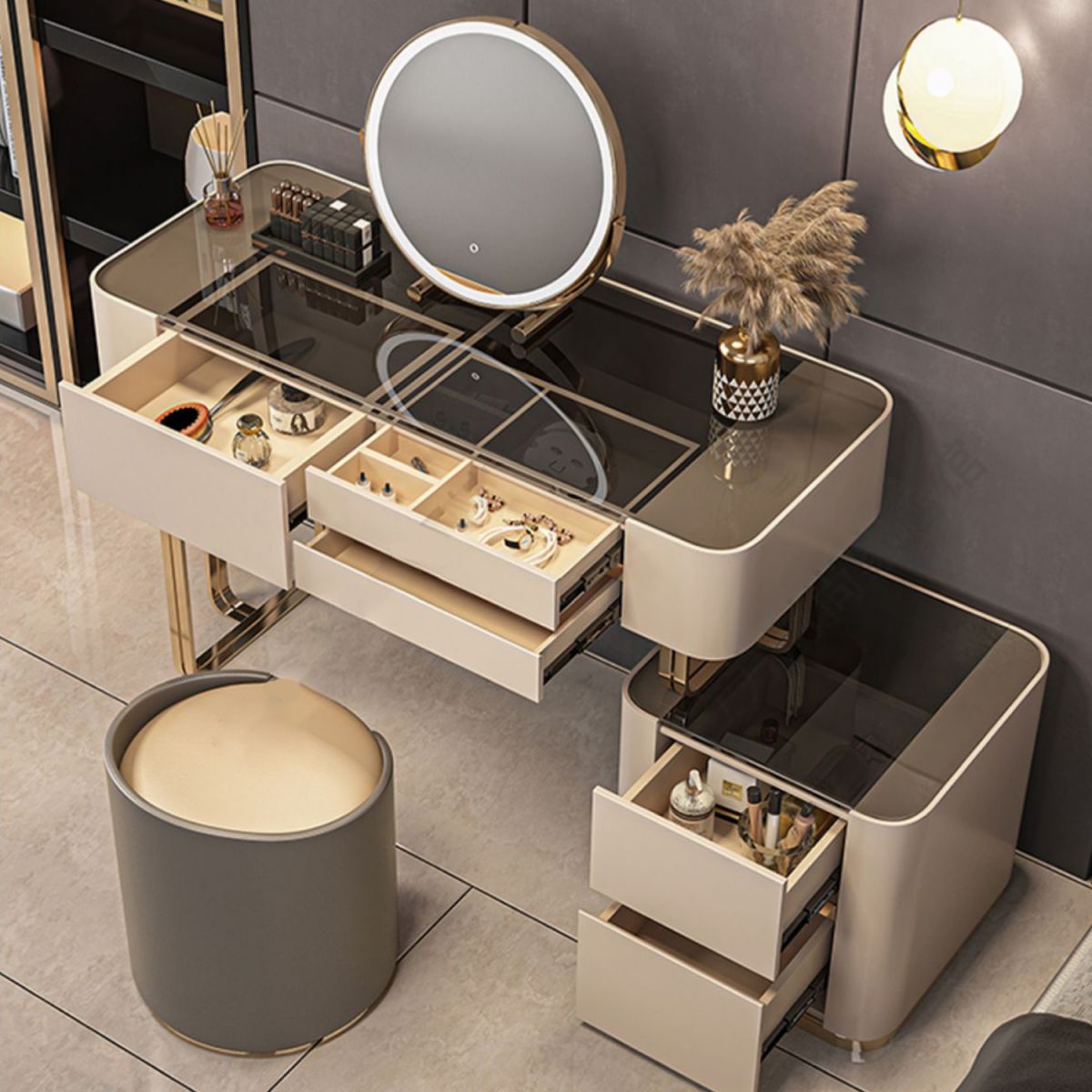 Luxurious Wood and Metal Make-up Vanity 5 Drawers & Lighted Mirror Dressing Table