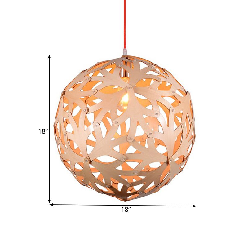 Hollowed Out Globe Pendant Light Modern Bamboo Braided 1 Head Lounge Ceiling Suspension Lamp in Wood