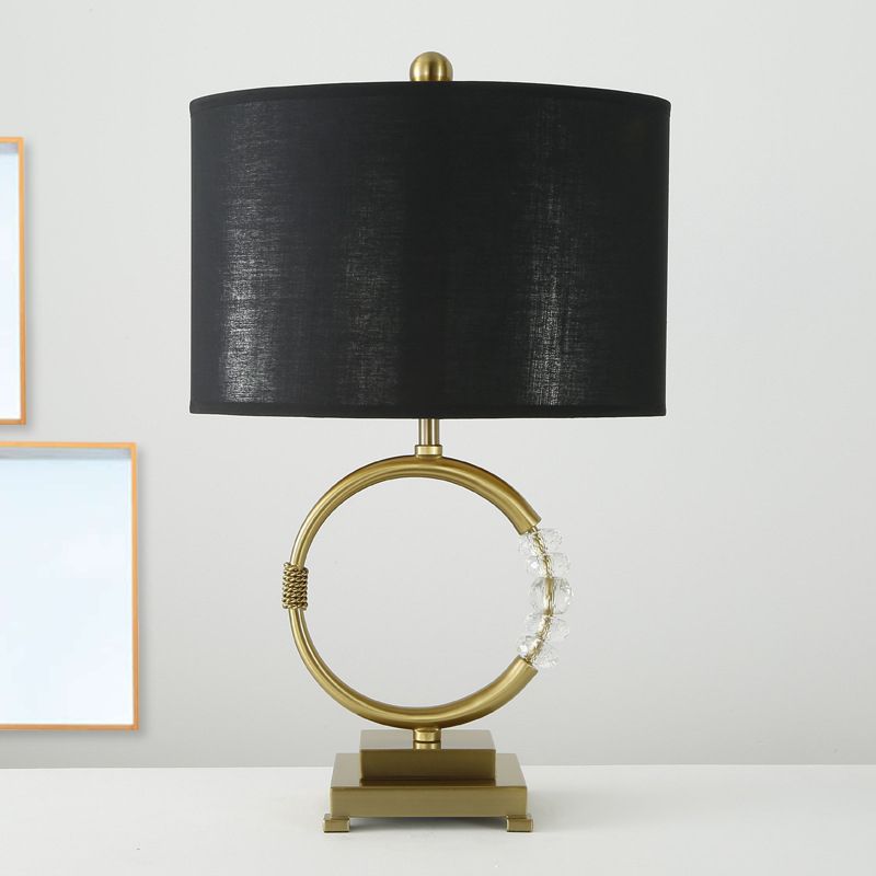 Cylinder Shape Fabric Task Lamp Modernism 1 Head Gold Table Light with Crystal Bead