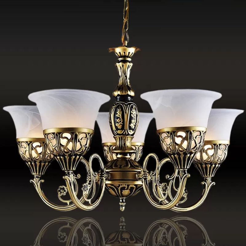 Vintage Bell Hanging Deckenleuchte 5 Lampen Opal Frostedglas Kronleuchter mit Schriftrollenarm in Bronze