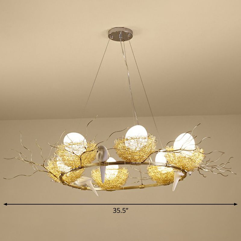 Artistic Bird Nest and Egg Chandelier Aluminum Dining Room Pendant Light in Gold
