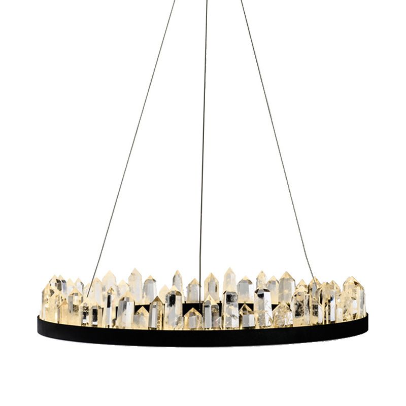 Lampadante a pendente ad anello di cristallo LED contemporaneo LED Nero appeso al soffitto in luce calda/bianca per soggiorno