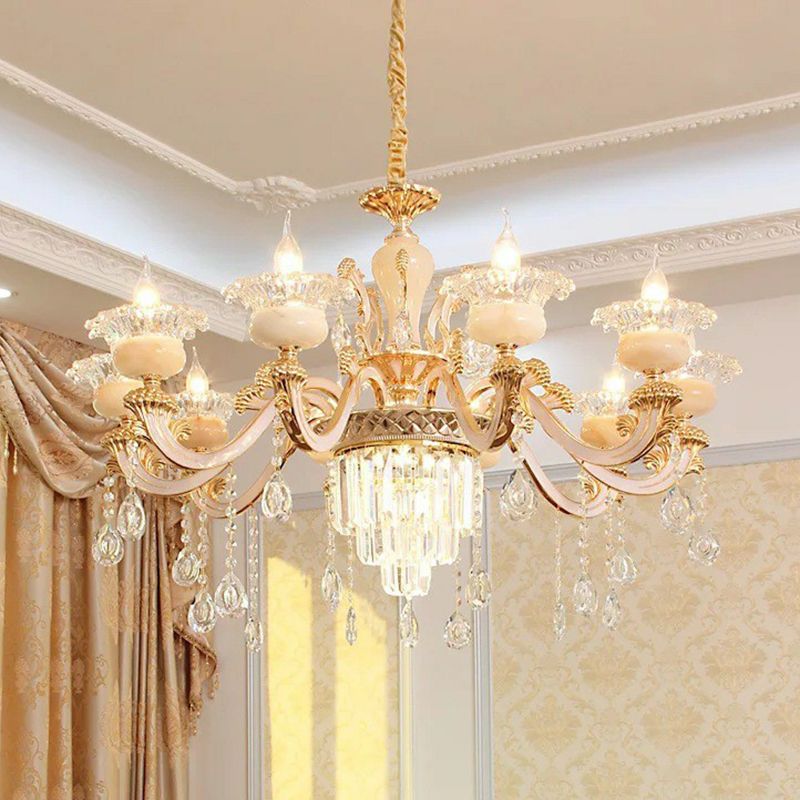 Opulentes Kristall Beige Deckenleichter Blütenförmiger traditioneller Kronleuchter für Esszimmer