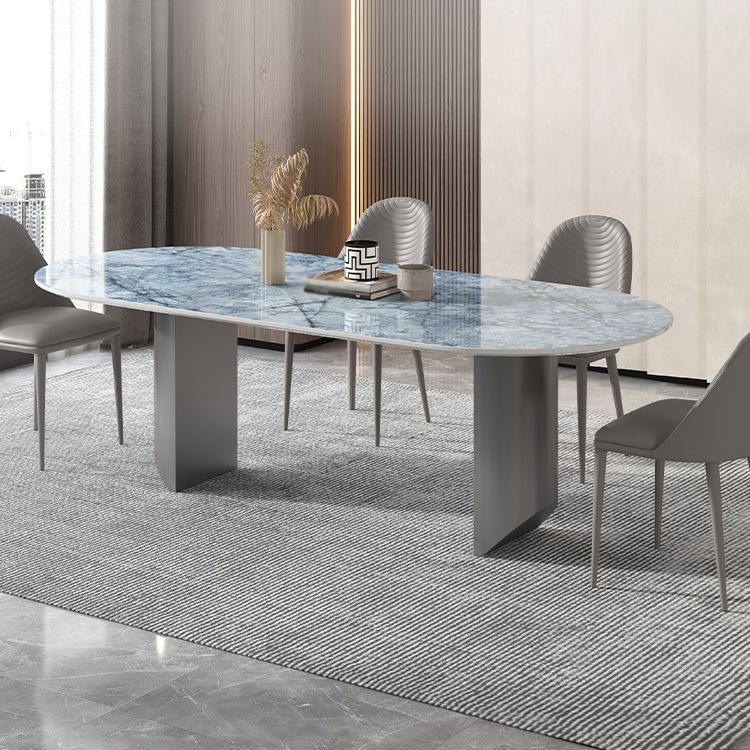 Metal Oval Traditional Luxury Dining Table Sintered Stone Table with Double Pedestal