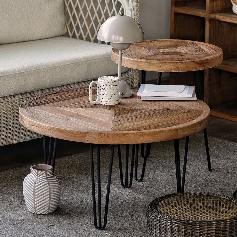 Mid-century Modern Cocktail Table Brown Elm Wood Top Metal Base Round/square Coffee Table